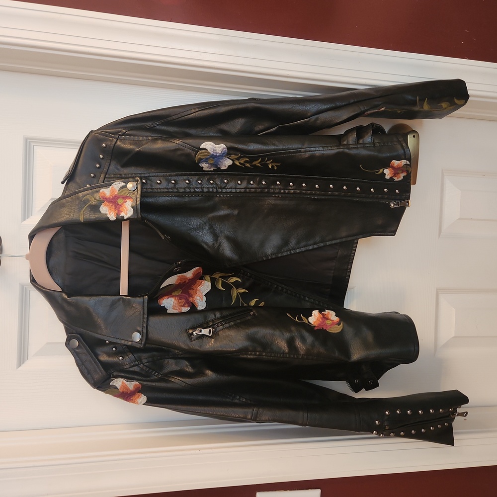 Black PU leather Moto Jacket with embroidery